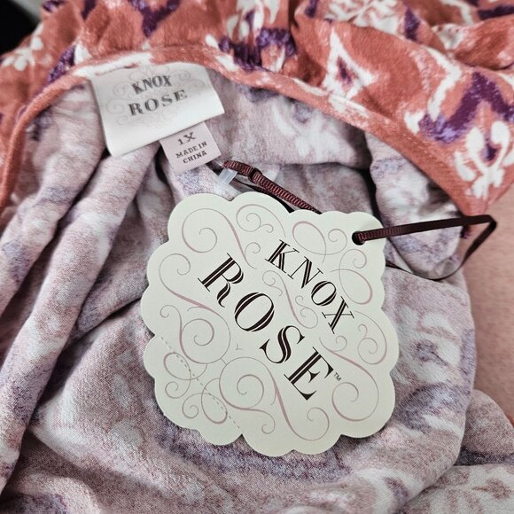 Knox Rose Womens 1X Puff Short Sleeve Tiered A-Line Dress Boho Rust & White - Picture 10 of 11